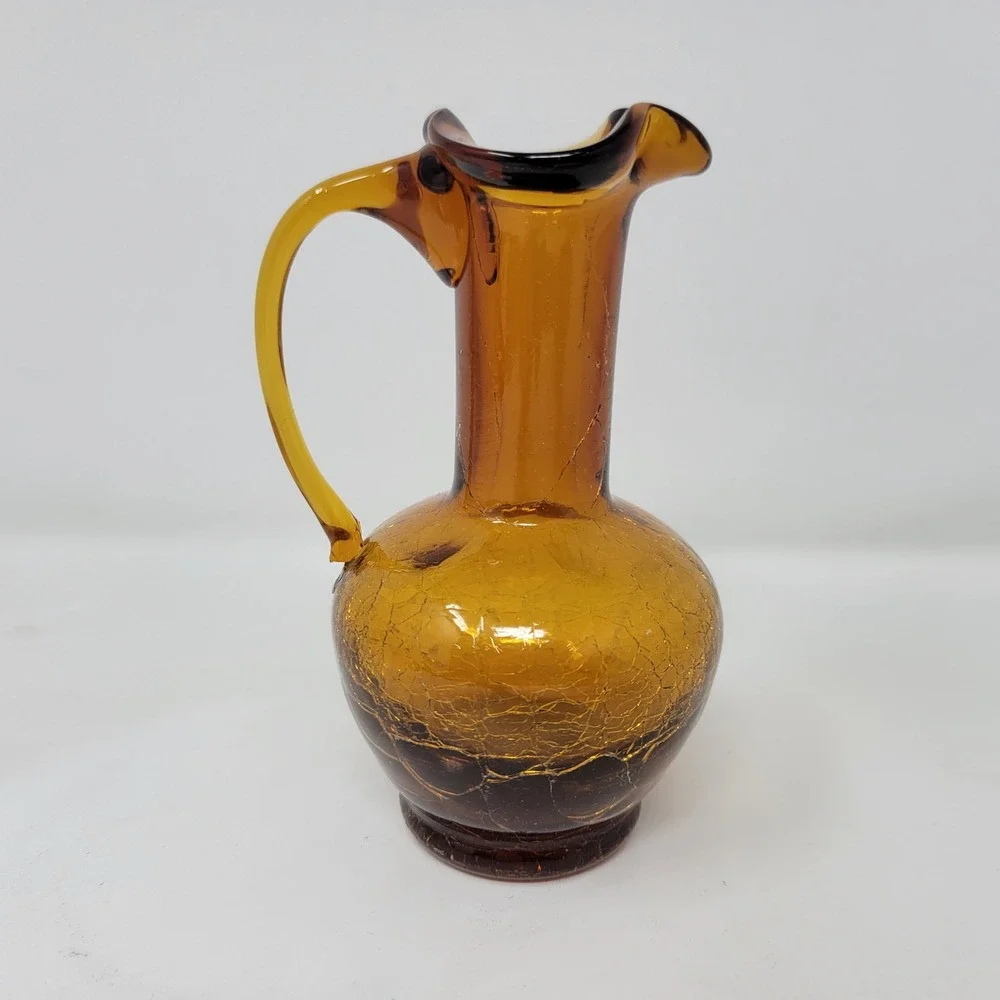 Amber Glass Crackle Pitcher Vase‎ with Handle Ruffled Rim Unique Decorative 5